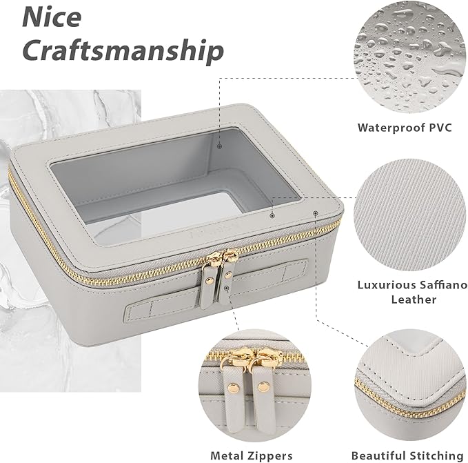 Aveniee Clear Makeup Bag for Women, Large Clear Cosmetic Bags Travel Toiletry Bag, Heavy Duty Makeup Organizer, Makeup Train Case with Clear Windows & Gold Zippers(Grey)