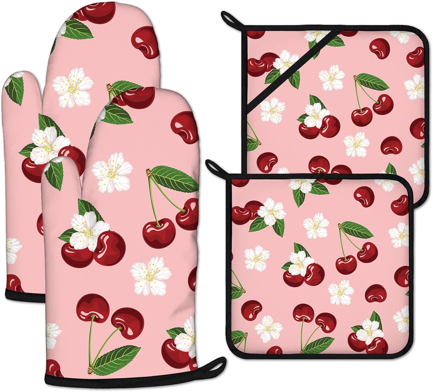 Cherry Oven Mitts and Pot Holders Sets Heat Resistant 4Pcs White Flower Potholders Oven Gloves Hot Pads for Kitchen Baking Cooking Grilling BBQ