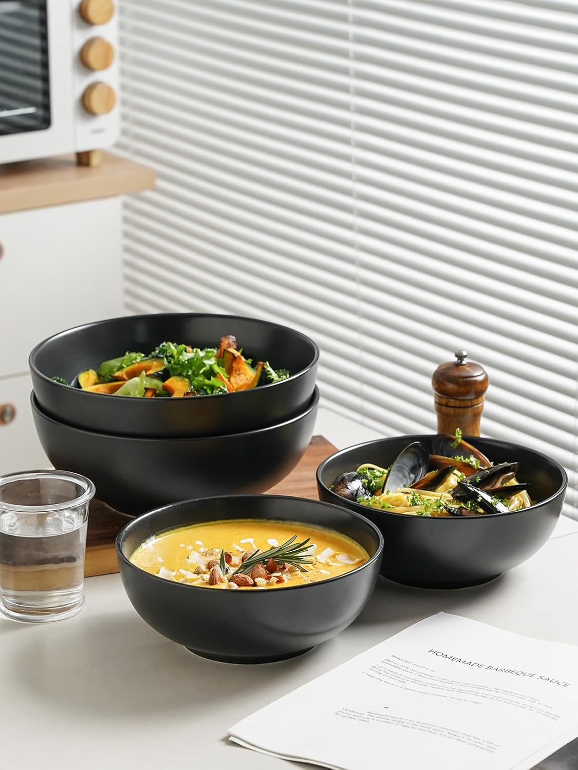 Kanwone Large Serving Bowls - 9.5 inch, 90oz Ceramic Salad Bowls, Fruit Bowls, Pasta, Soup Bowls, Set of 2, Serving Bowls for Entertaining, Microwave and Dishwasher Safe, Matte Black