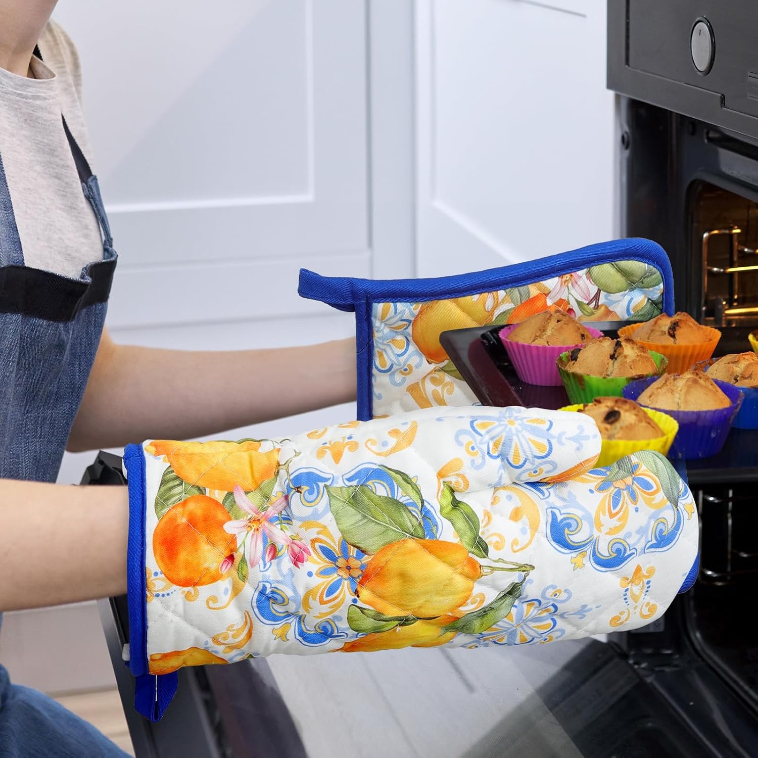 Summer Lemon Oven Mitts and Pot Holders Sets 2Pcs, 100% Cotton Heat Resistant, Extra Long Oven Gloves Potholder for Kitchen Cooking Baking Decoration