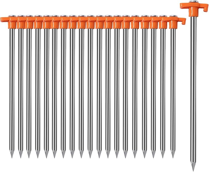 Cheardia 10 Pack Tent Stakes Heavy Duty, 10.25 Inch Yard Stakes Non-Rust Metal Tent Pegs Ground Stakes Tent Spikes for Camping Patio, Garden, Canopies, Grassland, Outdoor,Orange