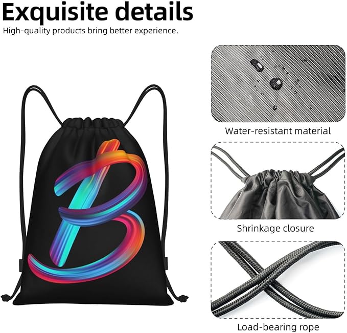 Drawstring Bags Initial Drawstring Backpack Sackpack Black Draw String Cinch Bags for Sports, Gym, Travel, Swimming, Beach, Camping, Rainbow Letter B
