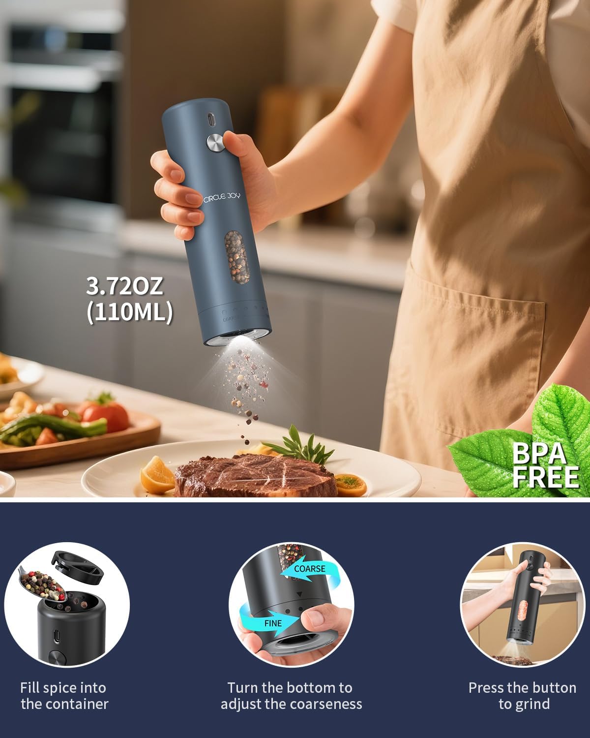 CIRCLE JOY Rechargeable Electric Salt and Pepper Grinder Set with Base, Automatic Pepper Mills with 110ml Container, External Adjustable Coarseness, White Led Light and One-Handed Operation, Blue