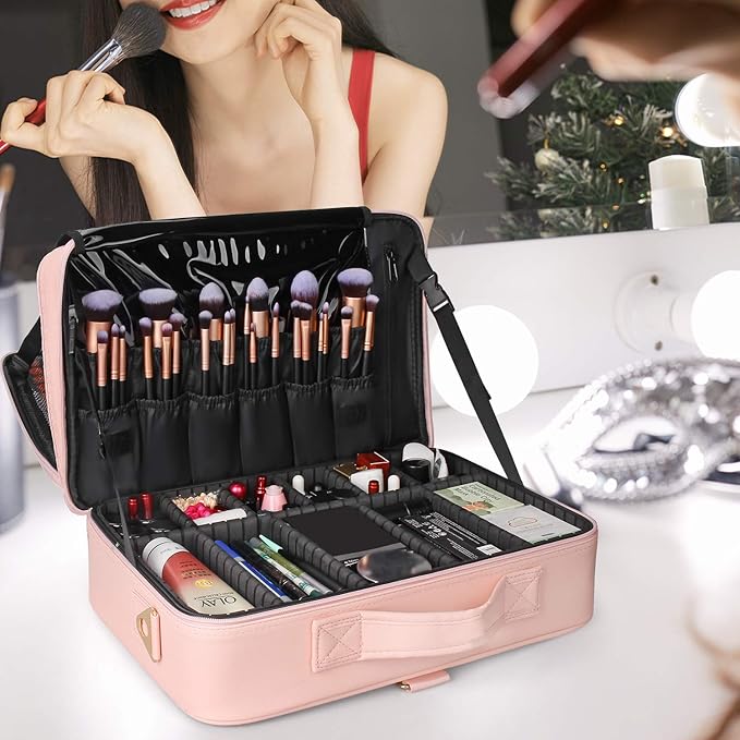Relavel Travel Makeup Train Case Makeup Cosmetic Case Organizer Portable Artist Storage Bag with Adjustable Dividers for Cosmetics Makeup Brushes Toiletry Jewelry Digital Accessories