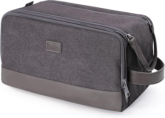 WANDF Toiletry Bag for Men Travel Toiletry Organizer Canvas and Leather Dopp Kit Water-Resistant Shaving Bag for Travel Accessories (Grey, Patent Pending)