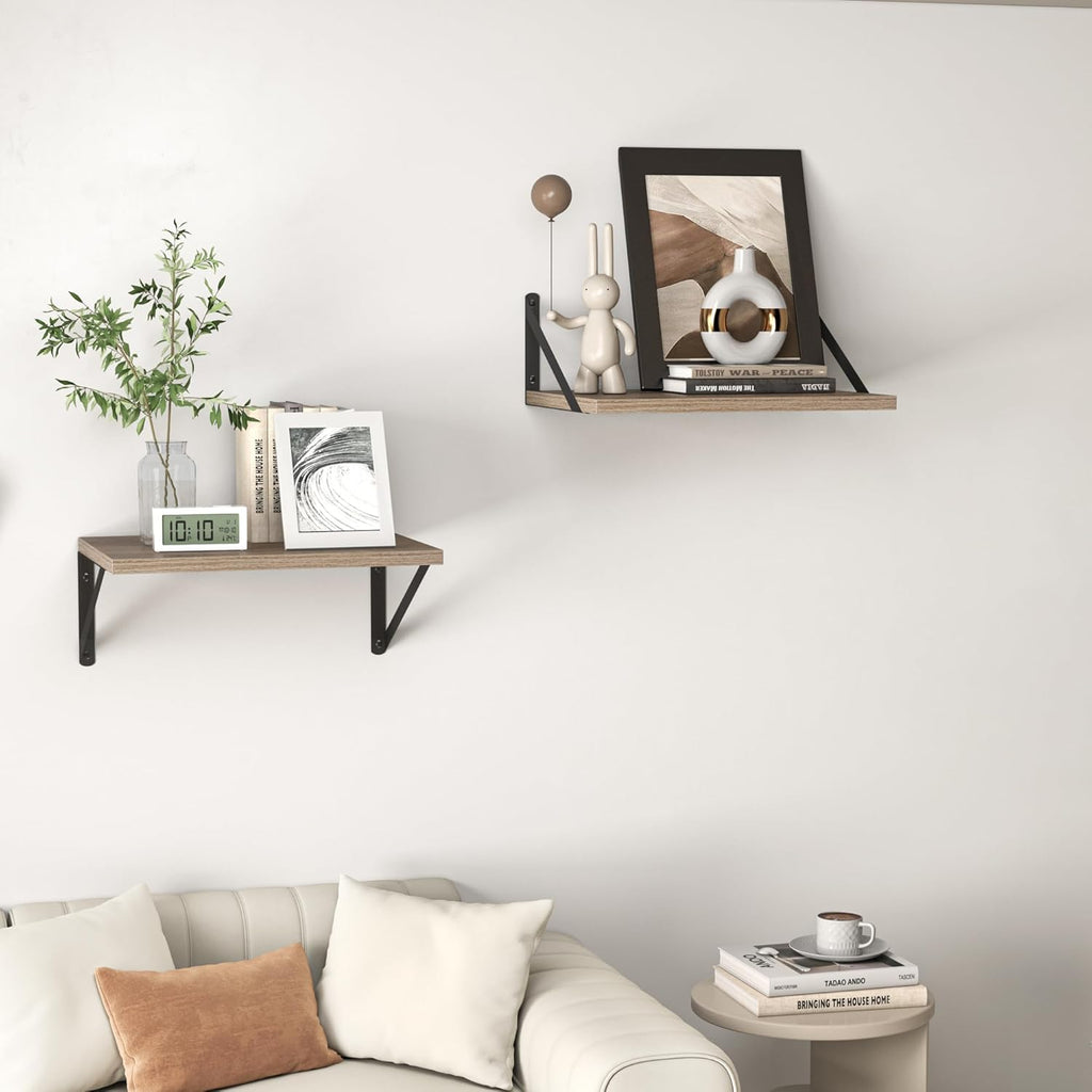 Heimlove Deep Floating Shelves for Wall, 16W x 12D Rustic Grey Wood Wall Shelves Set of 2, Large Floating Shelf for Living Room, Kitchen, Office, Bedroom and Decor Storage, with Metal Bracket - Grey