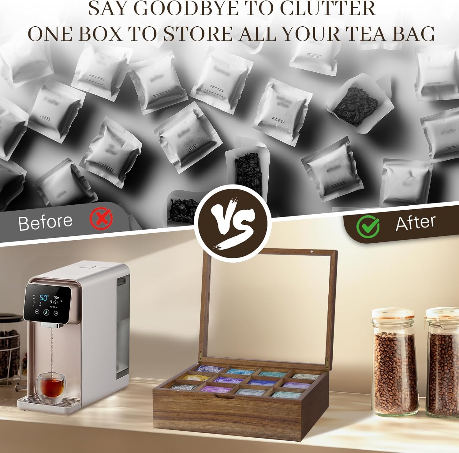 Acacia Wood Tea Bag Organizer, 12 Compartments Tea Box Organizer Storage Box, Teabag Holder Organizers with Clear Acrylic Window, Magnetic Lid and Removable Dividers