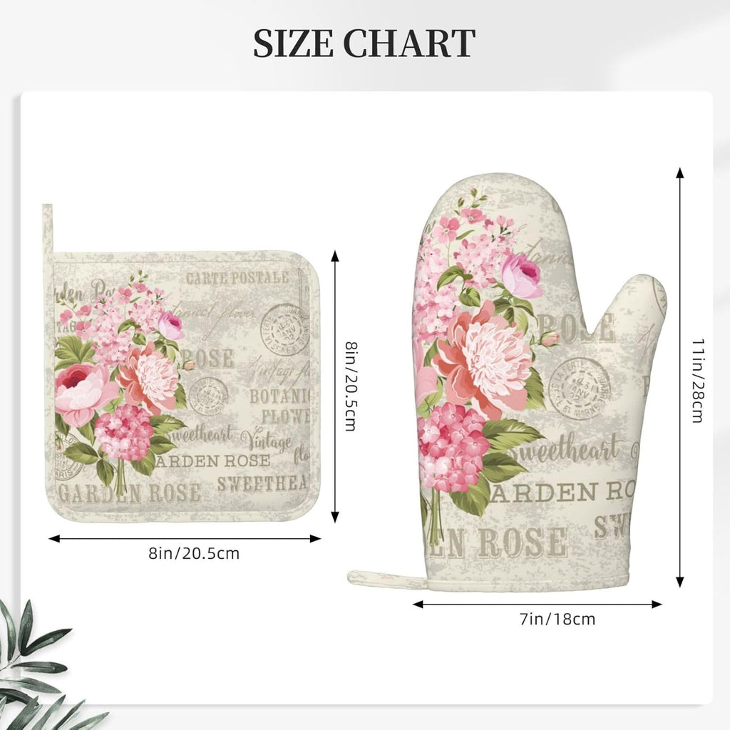 Rose Leaf Vintage Oven Mitts and Pot Holders 4 pcs Set Silicone Flowers Elegant Postcard Rose Kitchen Oven Mitt Gloves Pot Holders Non-Slip Heat Resistant Cooking Mitts Set for Kitchen BBQ