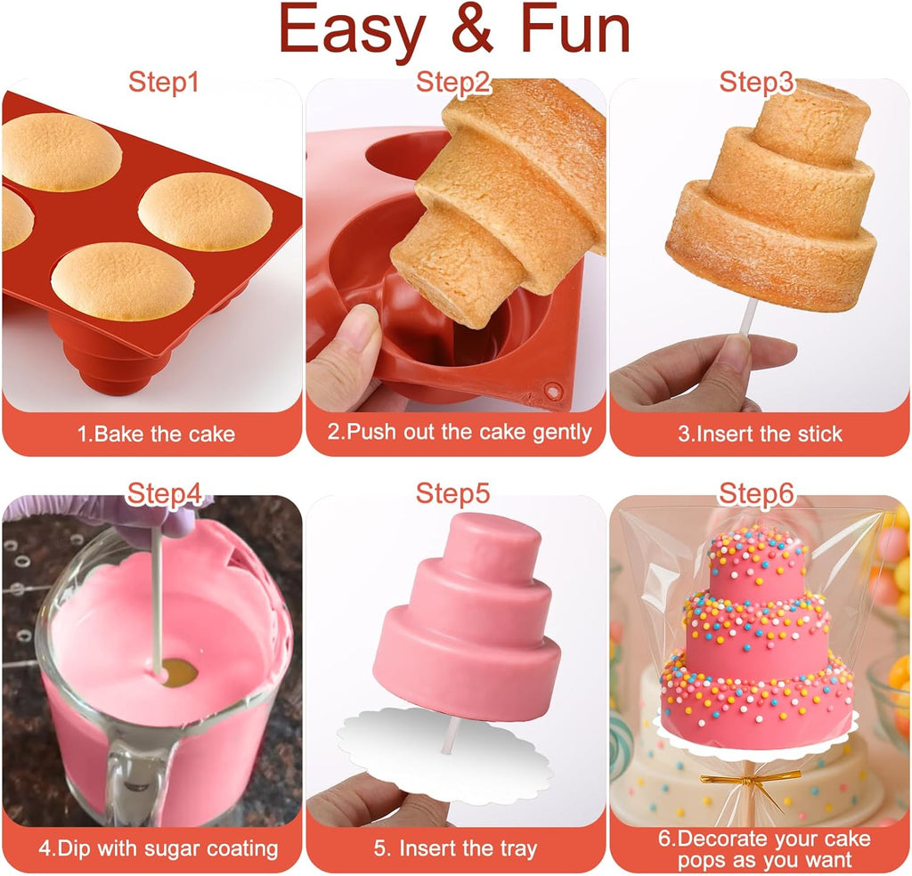 Juome Circle Cake Pop Mold Kit, 6 Cavities Cakesicle Molds Silicone with 100 Sticks & 100 Packaging Bags, Round Cake Pop Maker Supplies Accessories, Baking Tools for Home Baking Desserts