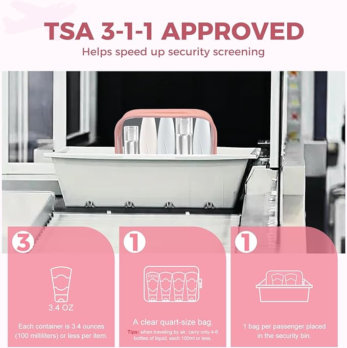 Moyad TSA Approved Clear Toiletry Bag, 2 Pack Quart Size 3-1-1 Liquids Pouch for Travel, Transparent Makeup & Cosmetic Organizer for Women Men, Peach Pink