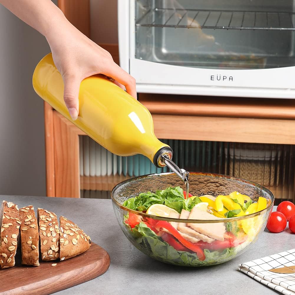 Sweejar Large Ceramic Olive Oil Dispenser Bottle, Opaque Oil Cruet Protects Oil to Reduce Oxidation, Suitable for Storage Oil, Vinegar, Soy Sauce & Other Liquids, Pack of 1, 24 Fl Oz (Yellow)