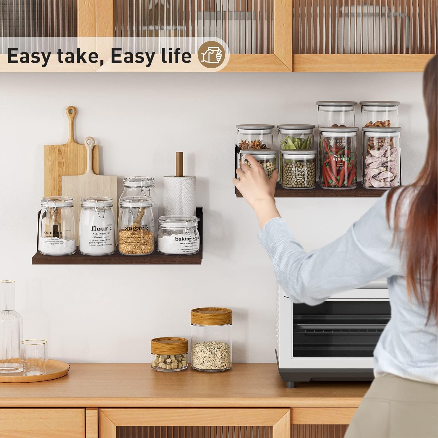 SRIWATANA Floating Shelves Wall Mounted Set of 2 Rustic Wood Shelves with Large Capacity(Dark Walnut)