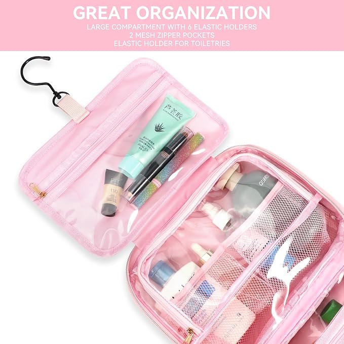 Voova Hanging Travel Toiletry Bag for Women Men, Waterproof Makeup Cosmetic Organizer Holder for Toiletries Accessories, Traveling Essentials,Shampoo,Full-Sized Container, Brushes Kit Set, Pink