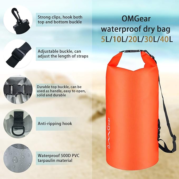 OMGear Waterproof Dry Bag Backpack Phone Pouch 40L/30L/20L/10L/5L Floating Dry Sack for Kayaking Boating Outdoors Activities
