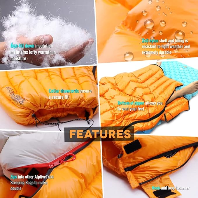 ZOOOBELIVES Ultralight Backpacking 32-50F Down Sleeping Bag - 27oz Ultra Compact 650 Fill Power Envelope Sleeping Bag for Hiking, Camping and Backcountry, Lightweight and Compressible – Alplive T400