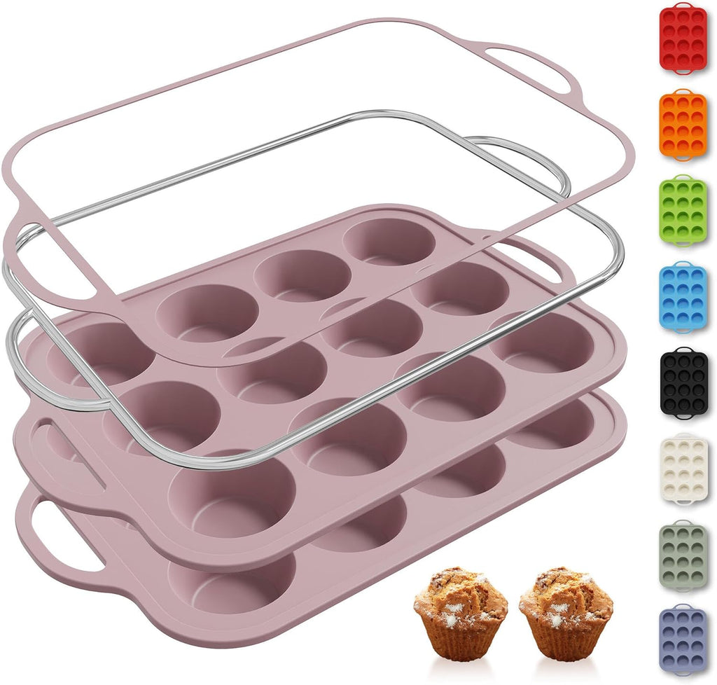 2 Packs 12 Cups Silicone Muffin Pan with Metal Reinforced Frame Regular Size Cupcake Pan Tray Egg Bites Silicone Circle Cookie Molds Muffin Tin Tart Pans Baking Sheet Set for Breakfast Sandwiches