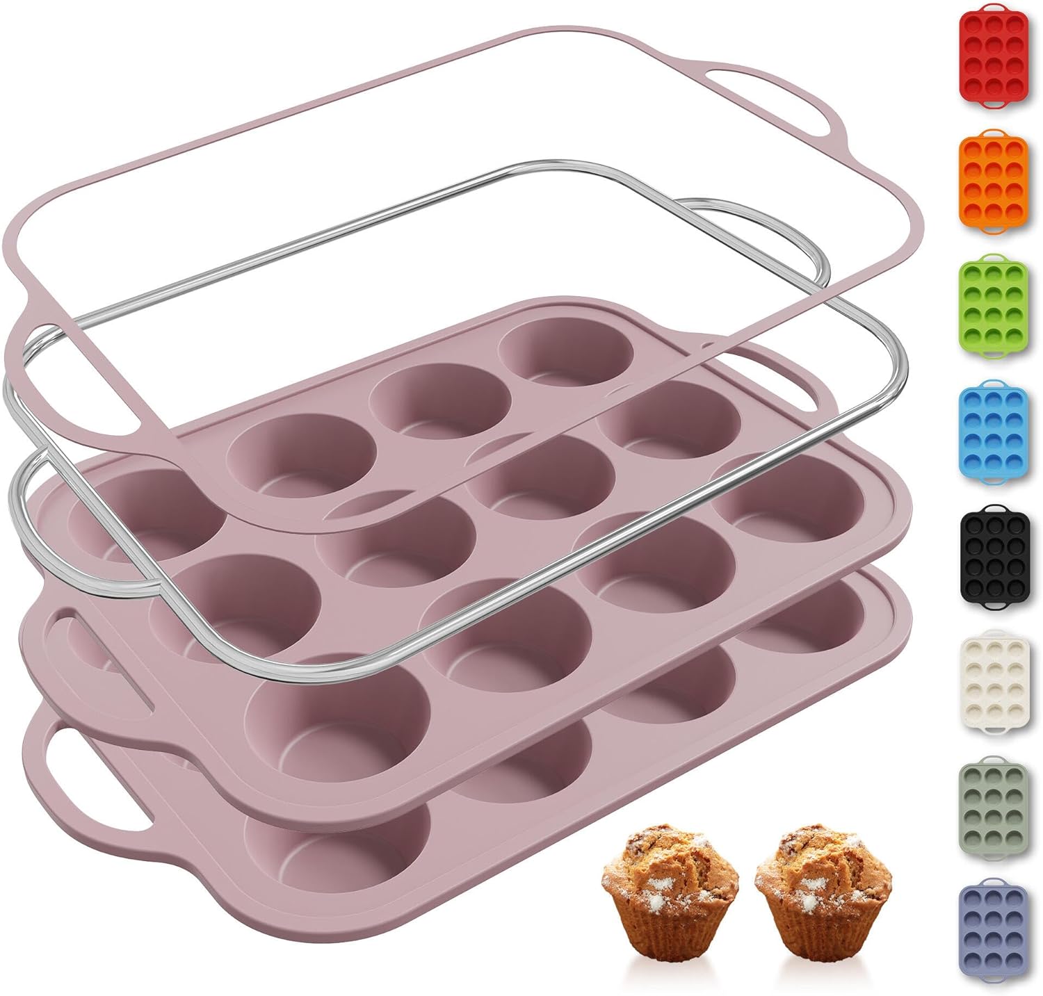 2 Packs 12 Cups Silicone Muffin Pan with Metal Reinforced Frame Regular Size Cupcake Pan Tray Egg Bites Silicone Circle Cookie Molds Muffin Tin Tart Pans Baking Sheet Set for Breakfast Sandwiches