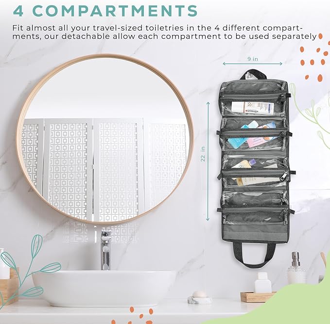 4-in-1 Hanging Toiletry bag - Roll-Up Makeup Bag - 4 Detachable PVC Zip Pouches – 600D Oxford Fabric, Versatile Travel Toiletry Organizer Bag - Makeup, Cosmetics, First Aid, Medicine Personal Care,…