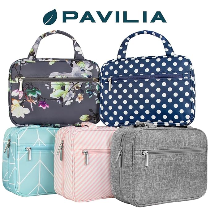 PAVILIA Hanging Toiletry Bag Travel Bag Women Men, Foldable Cosmetic Organizer, Roll up Makeup Bag, Water Resistant Accessories Toiletries, Large Travel Essentials Kit (Pink Stripe)