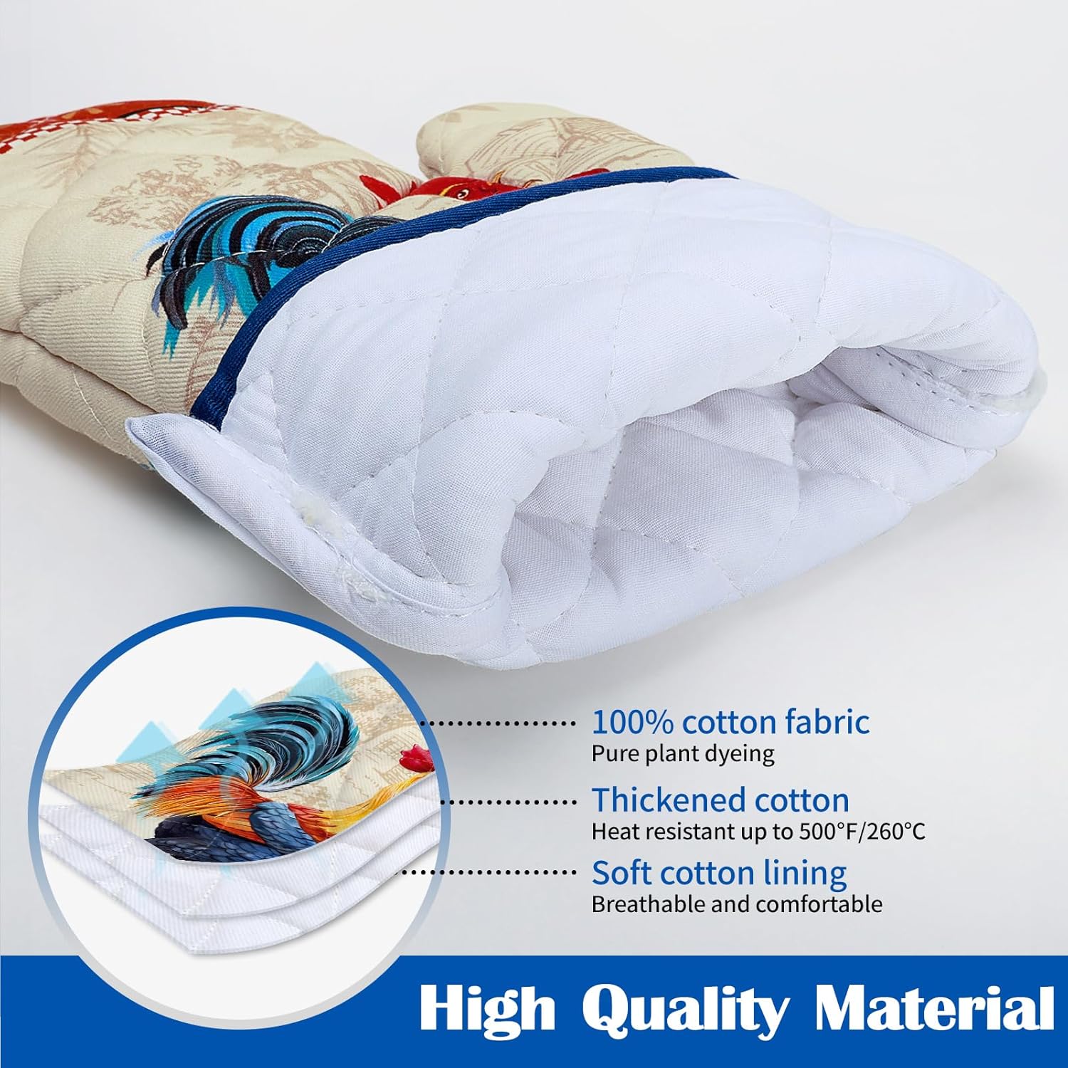 Rooster Oven Mitts and Pot Holders Sets 4Pcs, 100% Cotton Heat Resistant, Extra Long Oven Gloves Potholder for Kitchen Cooking Baking Housewarming