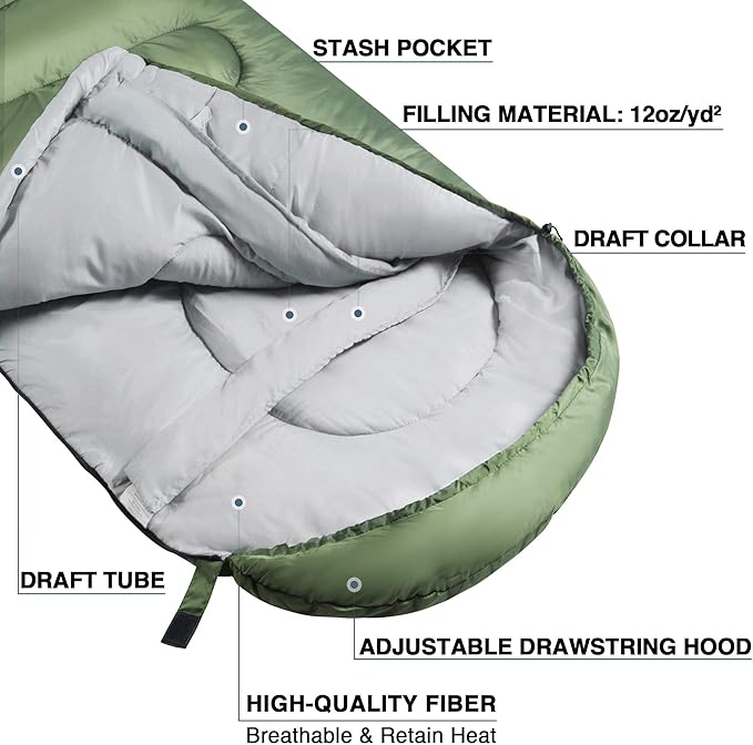 Atarashi Camping Sleeping Bag- 4 Seasons for Adults, Light, Warm, Extra-Large with Compression Sack- Great for Hiking, Backpacking & Outdoor Adventures
