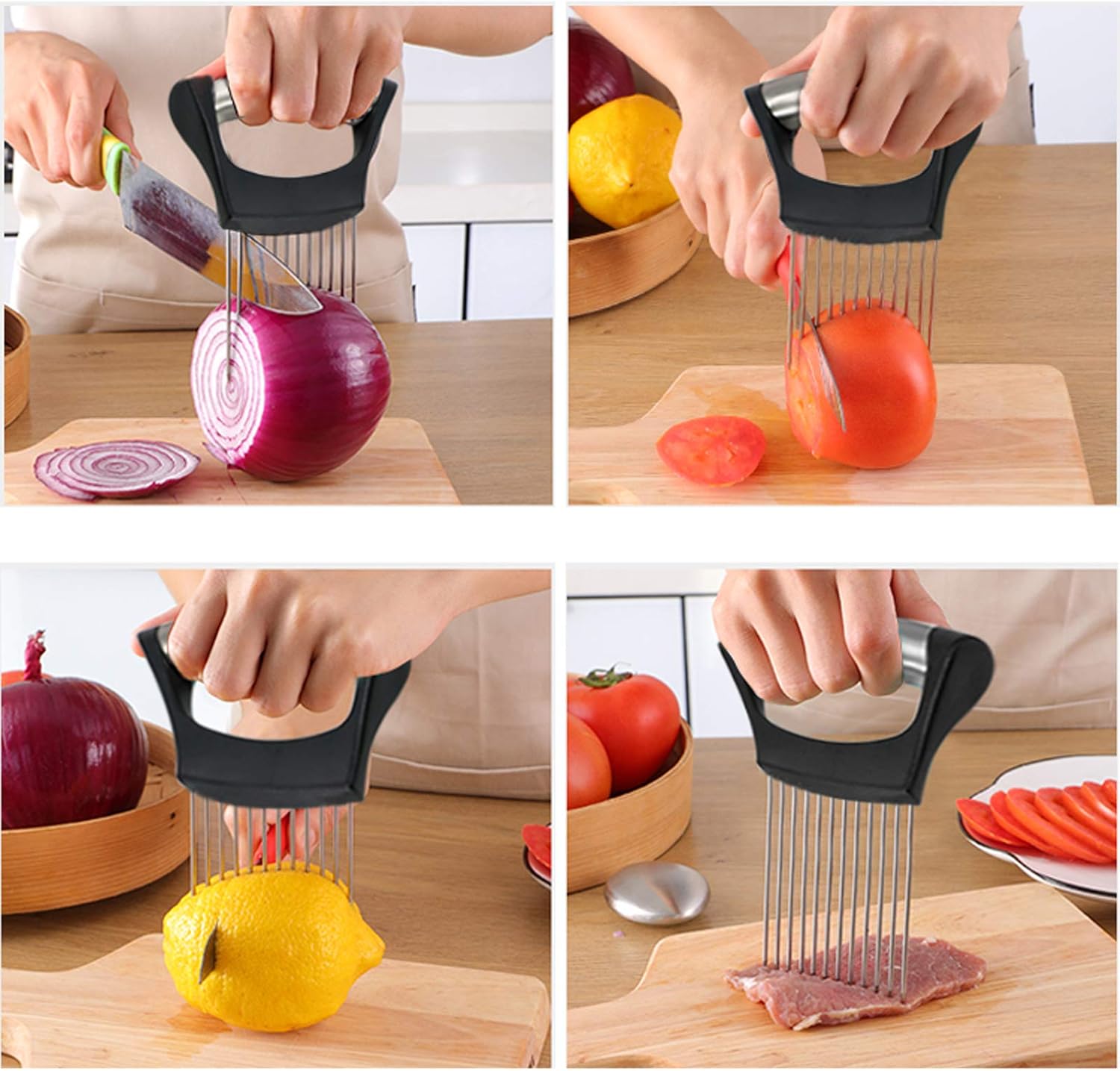1PCS Stainless Steel Onion Holder Slicer, 2PCS Finger Guard, Holder Slicer for Vegetables, Tomato, Lemon, Meat