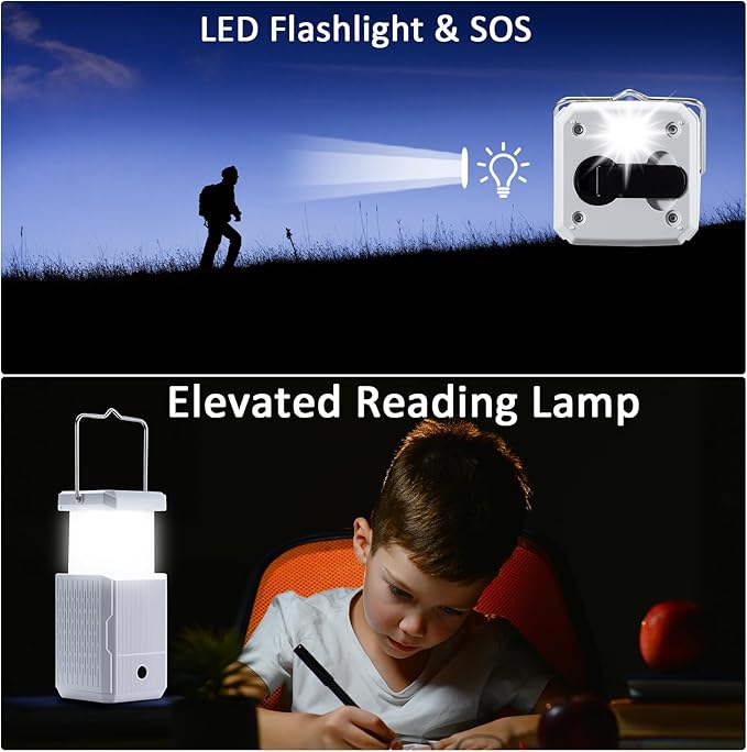2 Pack Camping Lantern Rechargeable, Hand Crank & Solar Camping Lights with USB Output, Tent Lights for Camping, Portable Camp Lamp, Camping Hurricane Home Power Failure Essentials (White, 2 Pack)