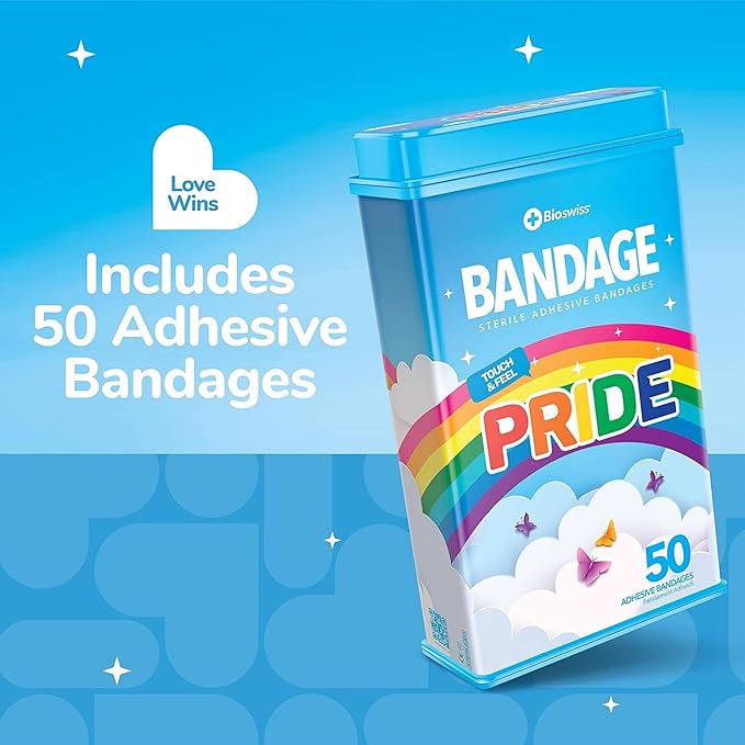 BioSwiss Bandages, Rainbow Pride Shaped Self Adhesive Bandage, Latex Free Sterile Wound Care, Fun First Aid Kit Supplies, 50 Count