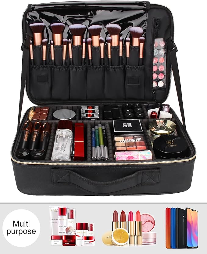 Relavel Professional Train Case - 16.5 Inch Travel Cosmetic Organizer, Waterproof Makeup Artist Storage Box, Large Capacity (Leather Black)
