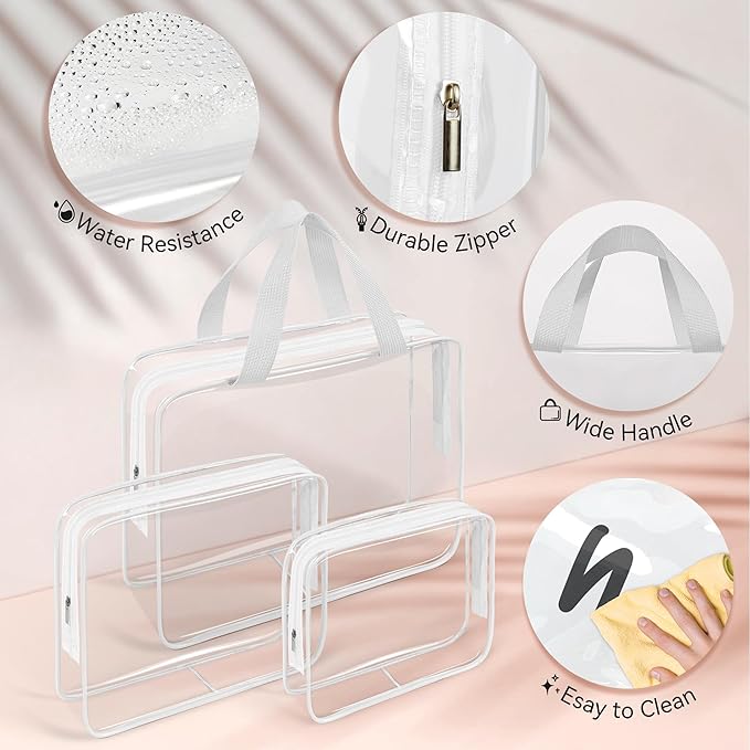 TISRATOK 10 PCS Clear Travel Makeup Toiletry Bag, Plastic PVC Cosmetic TSA Approved Organizer Kit with Zipper Handbag（White）
