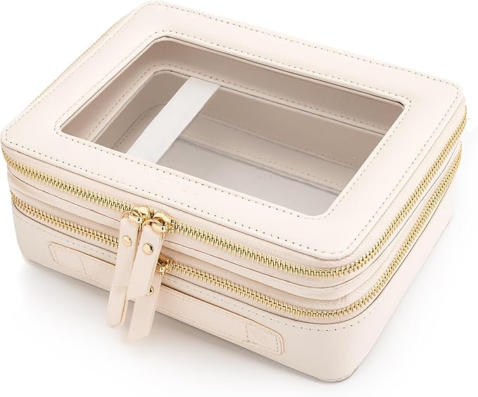Aveniee Large Clear Makeup Bags, Double Layer Cosmetic Bags with Separate Brush Compartment, Travel Toiletry Bag Cosmetic Train Case, Travel Accessories Organizer for Women(2 Layers, White)