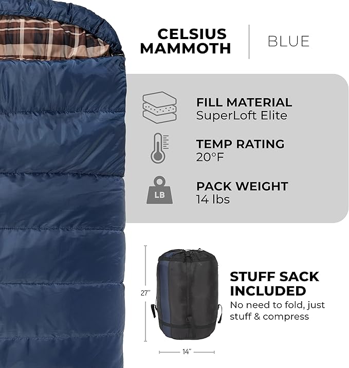 Teton Mammoth Queen Size Double Sleeping Bag- A Warm Bag The Whole Family can Enjoy – Great for Camping, Hunting and Base Camp. Compression Sack Included