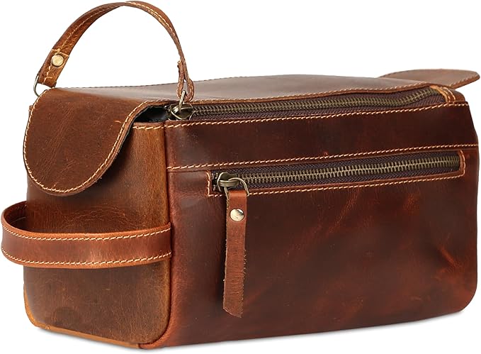 KomalC Premium Buffalo Leather Unisex Toiletry Bag Travel Dopp Kit