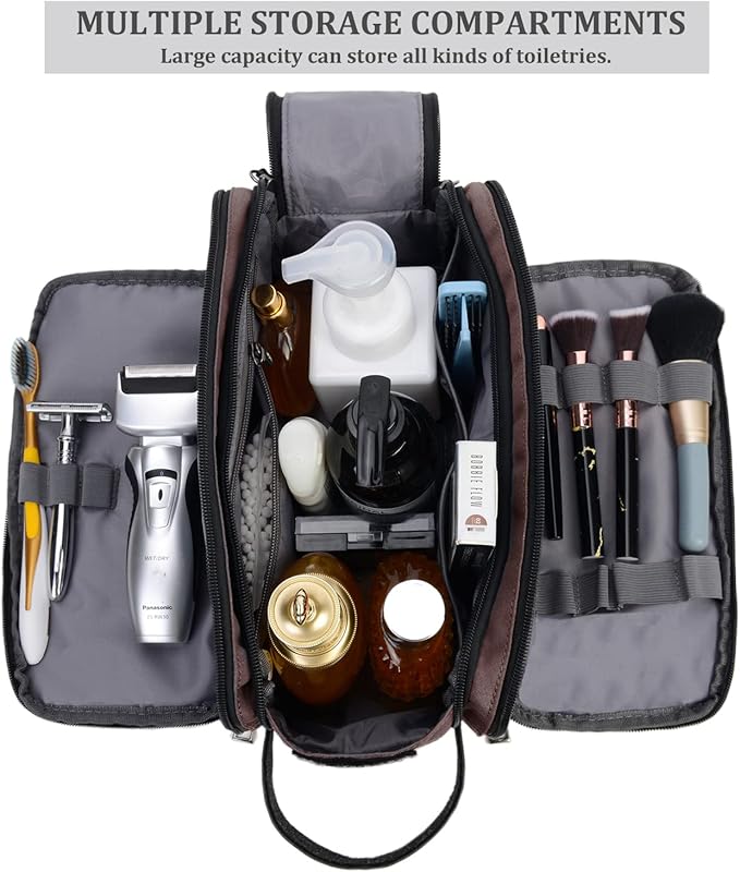 Mens Toiletry Bag Travel Leather Toiletry Organizer Dopp Kit for Men Water-resistant Shaving Bag for Bathroom (Brown)
