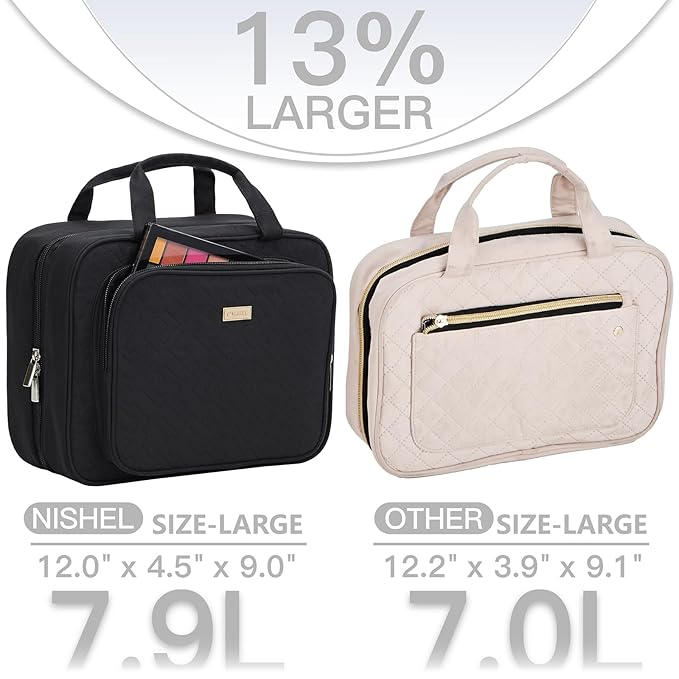 NISHEL Travel Toiletry Bag for Women Large Capacity, Makeup Essentials Organizer, Hanging Case for Accessories, Cosmetics, Black