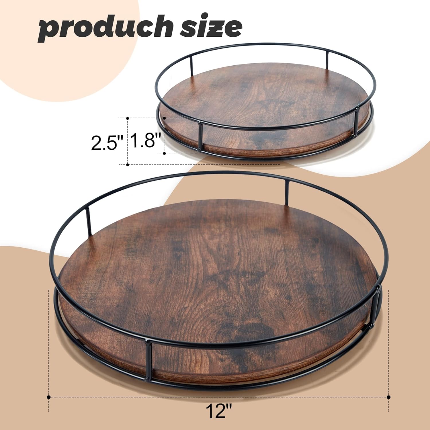 12 Inch Wood Lazy Susan, Rustic Brown Turntable Organizer with Steel Frame, 360 Degree Decorative Turntable for Countertop or Centerpieces