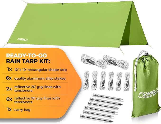 Foxelli Camping Tarp - 12x10ft Waterproof Rain Tarp, Lightweight Backpacking Rainfly Shelter with Included Extra Long Guy Lines & Stakes