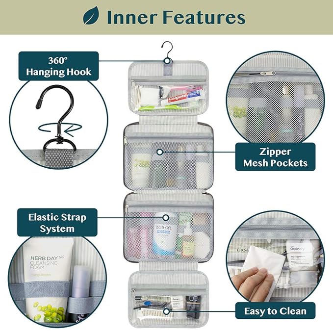 PAVILIA Hanging Toiletry Bag Travel Bag Women Men, Foldable Cosmetic Organizer, Roll up Makeup Bag, Water Resistant Accessories Toiletries, Large Travel Essentials Kit (Grey Floral)