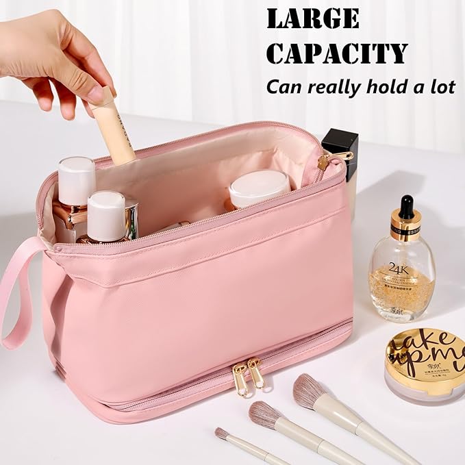 Large Travel Toiletry Bag for men women,Makeup Organizer Bag, Dopp Kit,Waterproof Hanging Cosmetic Bag for Toiletries Accessories(Pink)