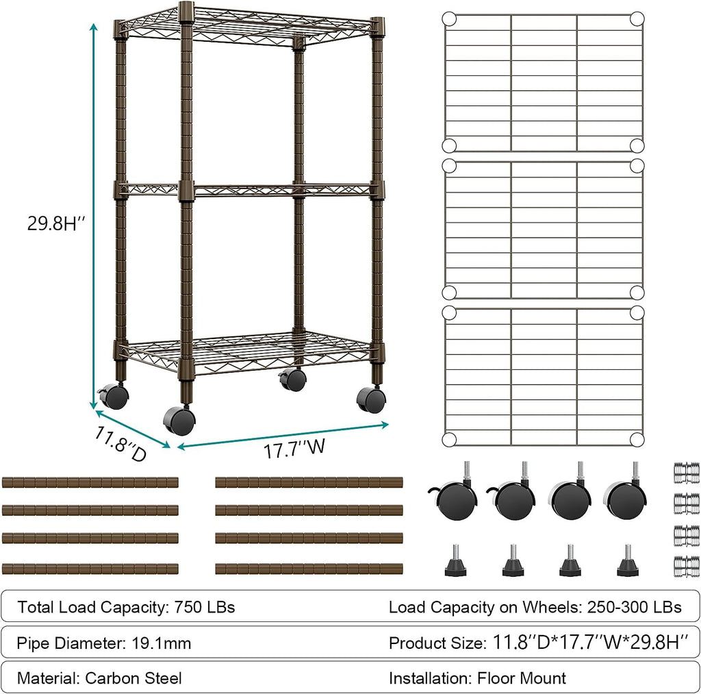 3 Tier Shelf Metal Storage Shelves Wire Rack Closet Organizers with Wheel for Garage Kitchen Bathroom Laundry Brown 11.8" D x 17.7" W x 29.8" H