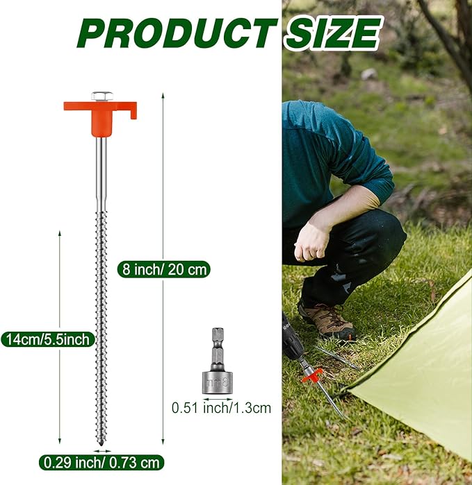 Tandefio 20 Pcs 8 Inch Screw in Tent Stakes Heavy Duty Drill in Ground Anchor Pegs Metal Stakes Screws Hex Pegs Drillable Camping Threaded Tent Spike with Hex Head Driver (Orange)