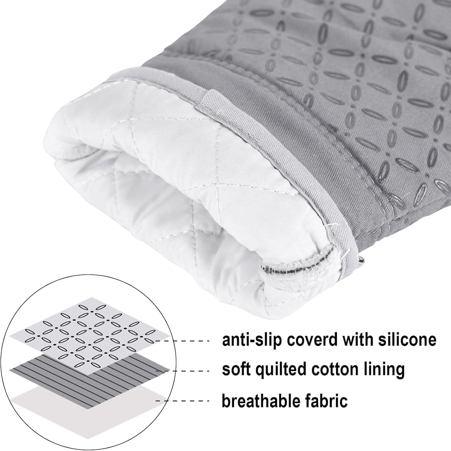 KEGOUU Oven Mitts and Pot Holders 6pcs Set, Kitchen Oven Glove High Heat Resistant 500 Degree Extra Long Oven Mitts and Potholder with Non-Slip Silicone Surface for Cooking (Light Gary)