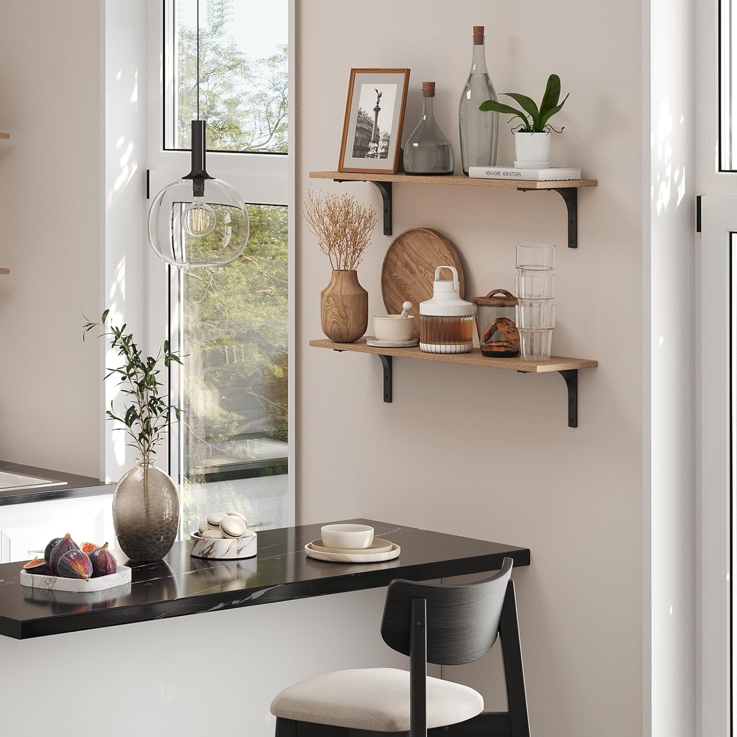 DINZI LVJ Long Wall Shelves, 31.5 Inch Wall Mounted Shelves Set of 2, Easy-to-Install, Floating Storage Ledges with Sturdy Metal Brackets for Living Room, Bathroom, Bedroom, Kitchen, Natural