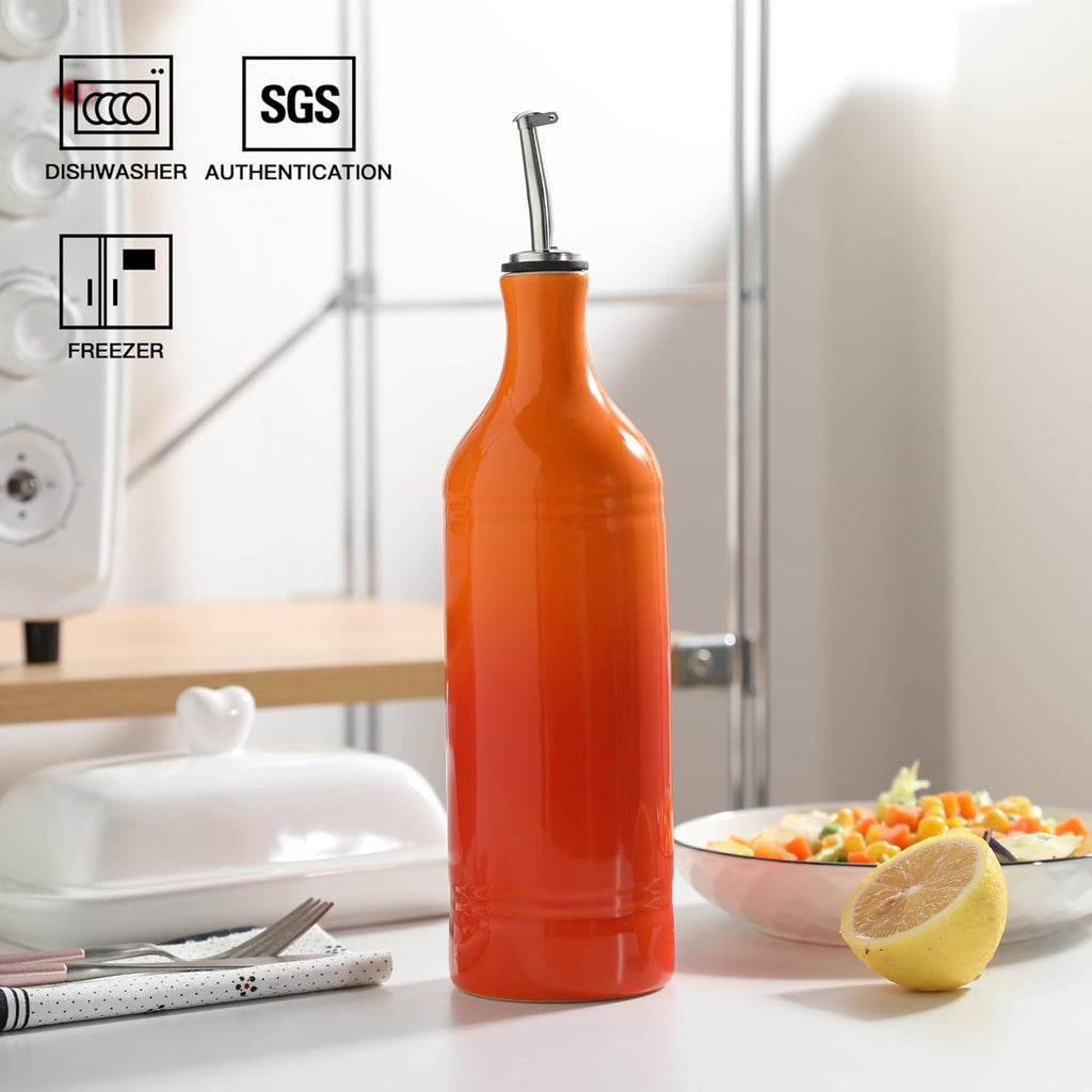 Sweejar Ceramic Olive Oil Dispenser Bottle, 20 Oz EVOO Oil and Vinegar Dispensing Bottle with Spout for Kitchen, Set of 1, 24 Fl Oz (Gradient Orange)
