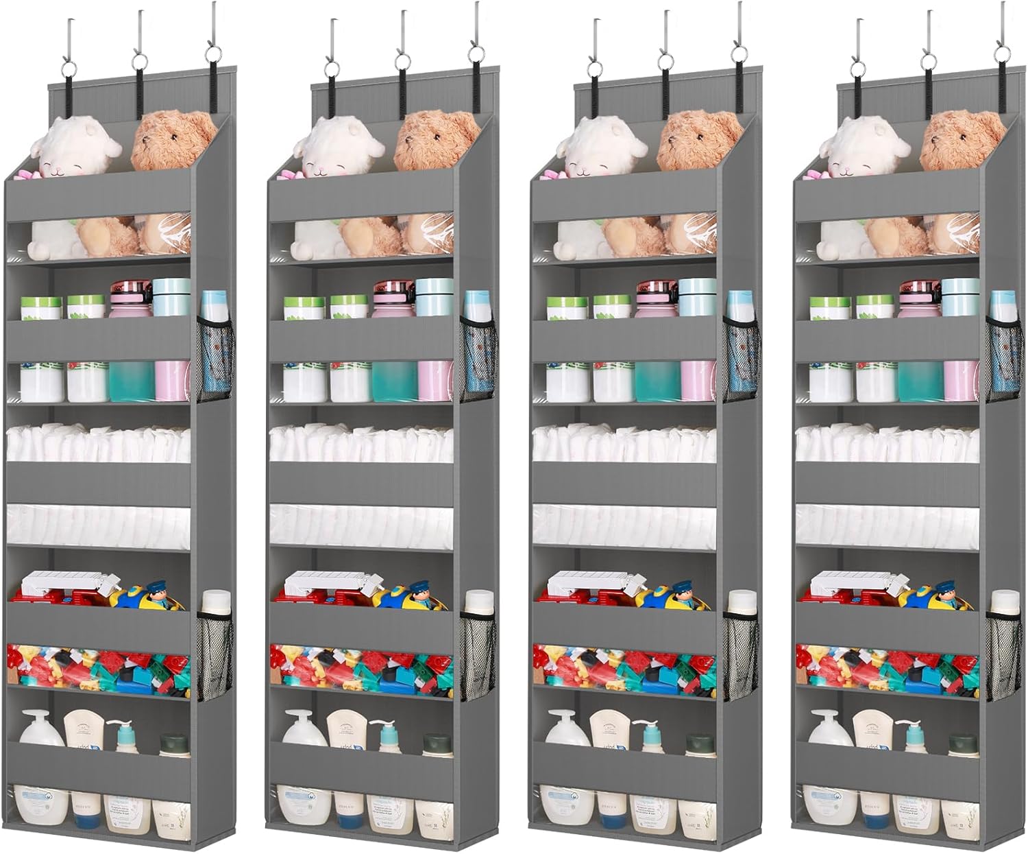 Lifewit 4 Packs Over the Door Organizer, 5 Shelf Clear Window Hanging Storage with 4 Mesh Side Pockets, Anti Tilt 40 lbs Load Behind Door for Pantry, Nursery, Bathroom, Bedroom, Kitchen, Dorm, Grey