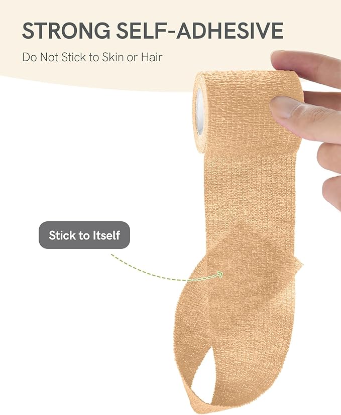 FriCARE Self Adhesive Bandage Wrap, Medical Tape in First Aid Kit, Cohesive Bandages for Wounds Sport Vet, FSA/HSA Eligible, 2 Inches X 5 Yards 6 Rolls, Tan