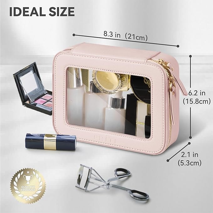 Prite Clear Makeup Bag Cosmetic Organizer Case Waterproof Travel Toiletry Bag Skincare Pouch with Golden Zipper(Pearlescent Pink)