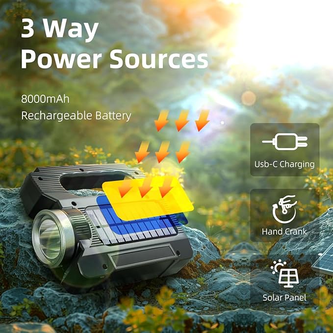 WARSUN Hand Crank Solar Powered Flashlight, Emergency Rechargeable LED Flashlight, Survival Flashlight with 6 Modes, 600 Lumens, Up to 20 Hours of Runtime, Great for Outdoor, Camping, Hiking, Fishing