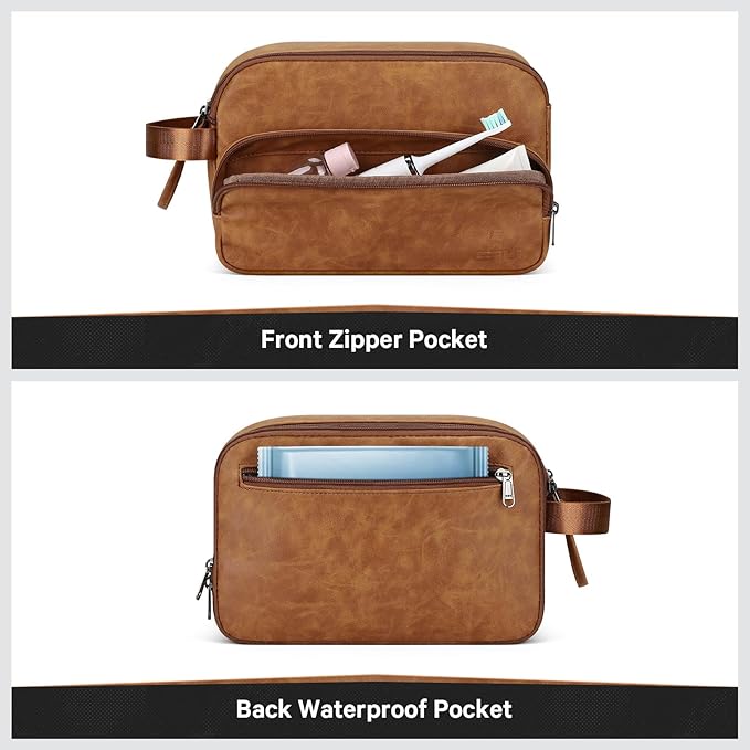 Toiletry Bag for Men, Travel Toiletry Bag Travel Essentials, Dopp Kit Water-resistant Shaving Bag, Bathroom Bag Toiletries Organizer, Brown(PU Leather)