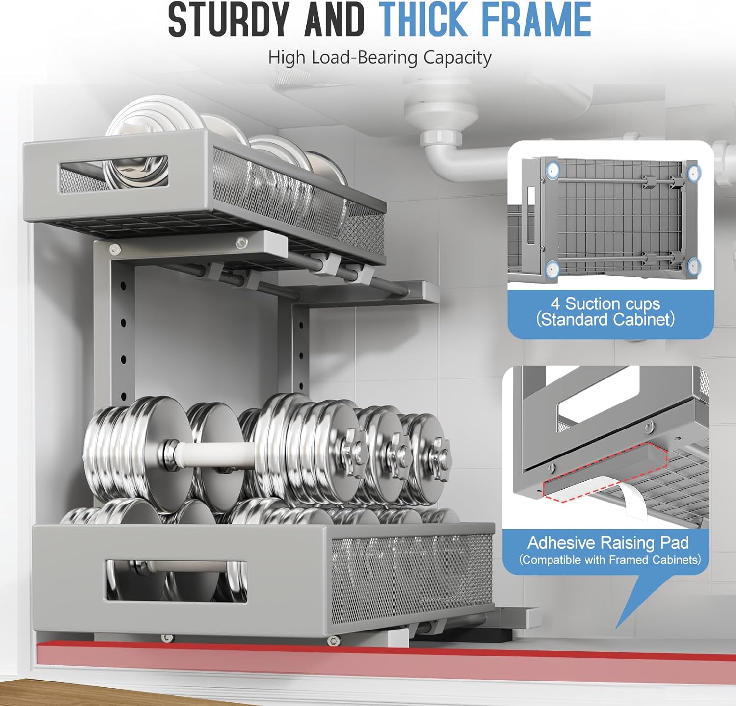 1 Pack-11.4"-16.14" H Under Sink Storage Organizer, Large 2-Tier Elegant Mesh Pull Out Shelf for Kitchen & Bathroom Cabinet Organization, L-Shaped, Adjustable Height-Gun Gray